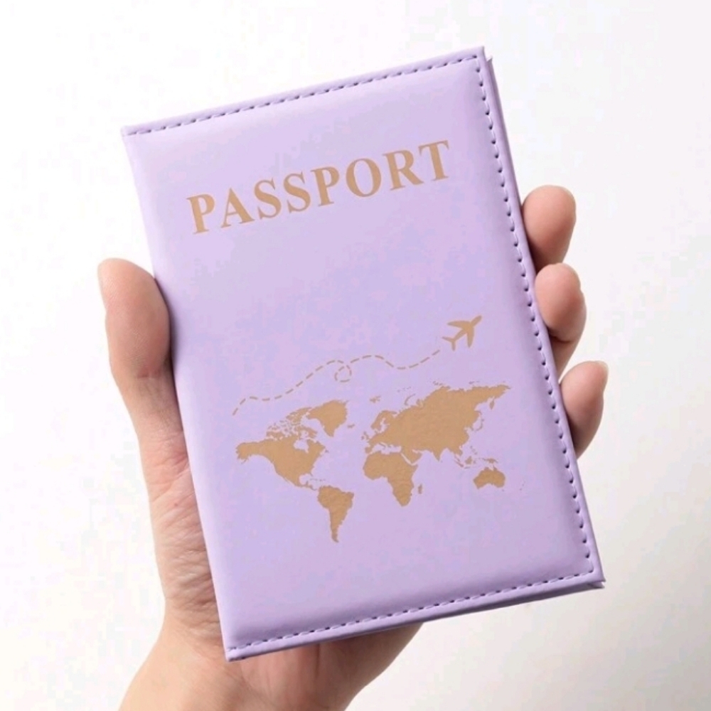 Lavender Purple Passport Faux Leather Holder with Gold World Map